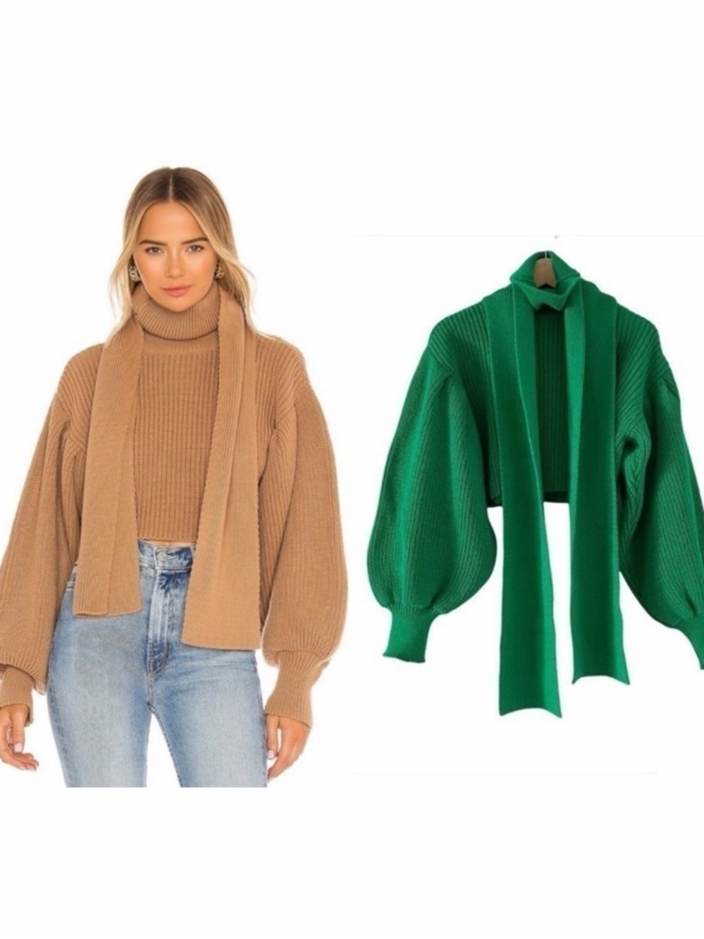 SELMACILEK Neck Scarf Detailed Balloon Sleeve Cropped Sweater in Green